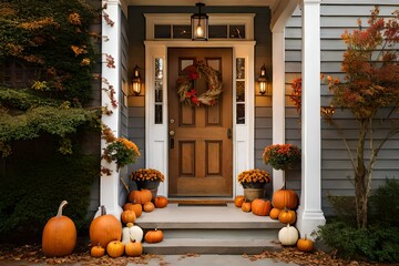 all autumn wreath on brown front door and autumn decor on front door steps
