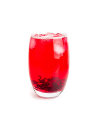 Hibiscus Tea, Dry Rose Drink, Cold Fruit Red Tea in Transparent Mug, Roselle Hibiscus Tea