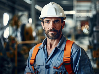 Portrait of Successful Builder  Worker Contractor Wearing Hard Hat and Safety Vest Standing on a Commercial Building Construction Site, Crosses Arms Confidently. In the Background Crane Machinery