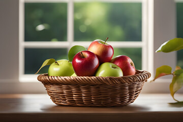 Apples in a wicker basket green leaf background In the close-up macro view