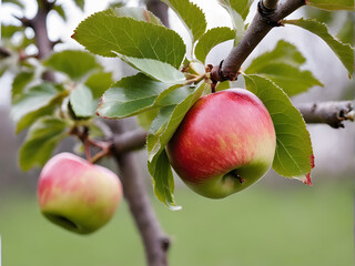 The apples growing on the branches are rich and colorful.