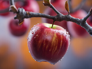 The apples red growing on the branches are rich and colorful.