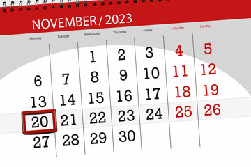 Calendar 2023, deadline, day, month, page, organizer, date, November, monday, number 20