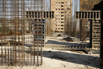 Steel bars for reinforcing concrete. Construction of an apartment house. Making Reinforcement steel...