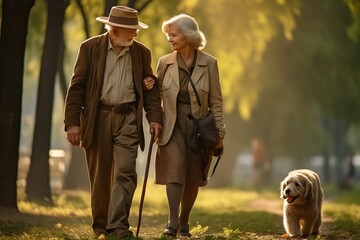 an elderly couple walking in the park