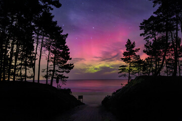 Northern lights at the entrance to the beach on the Baltic Sea in Sztutowo, Poland.