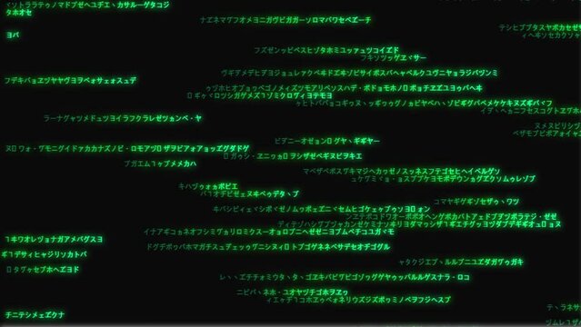 Matrix background. Left to Right code on dark backdrop. Running random Japanese. Abstract data concept. Futuristic cyberspace. Data code, encryption and encoding