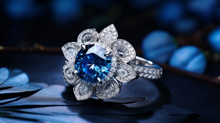 A ring with a blue diamond surrounded by white diamonds, Generative AI