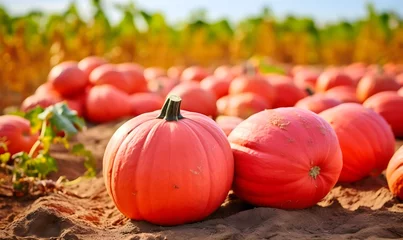 Foto op Canvas orange pumpkins on the farm field. pumpkin patch. Blurred background. copy space for your text, AI generated © shustrilka