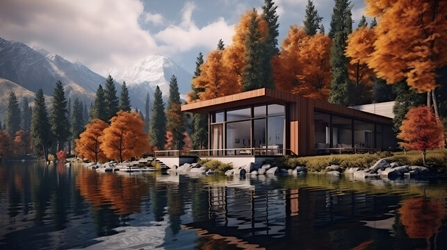 Exterior of modern loft lake house or hotel. Home on mountain river - Powered by Adobe