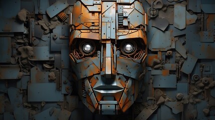 Generative AI, Abstract robotic face on rusty vintage metal background, geometric shapes