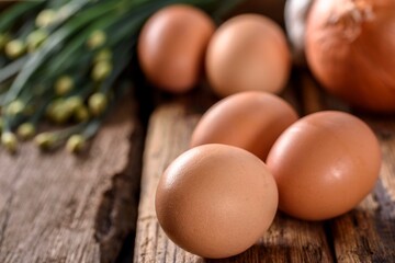 Top View Close-up of Fresh Brown Eggs on Wooden Table - 4K Image