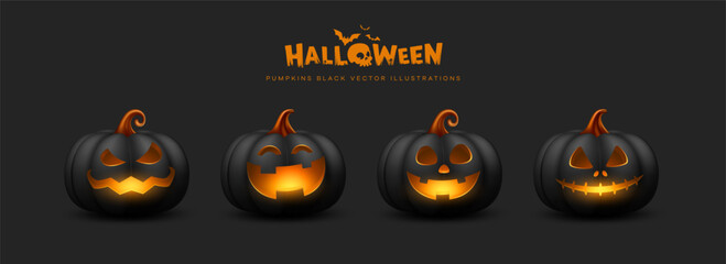 Halloween Black pumpkins Smiling and scary face, collections design on dark black background, Eps 10 vector illustration
