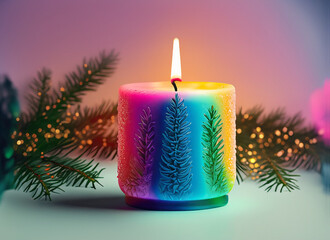 a burning christmas candle in rainbow colours