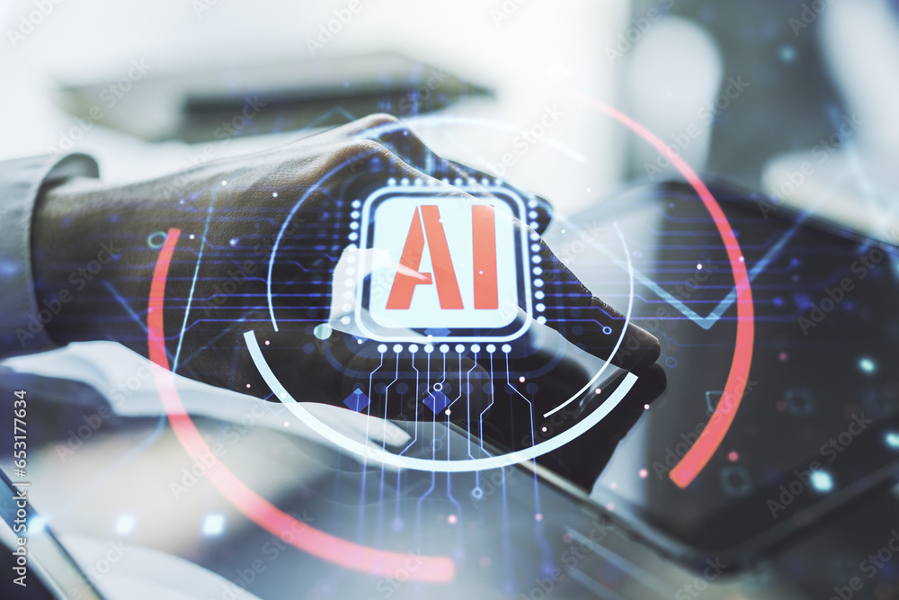 Aufkleber double exposure of creative artificial intelligence abbreviation and hand working with a digital tab