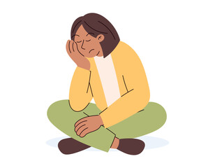 Young beautiful cartoon African American woman sitting cross-legged on the floor. Vector isolated girl illustration, flat style.