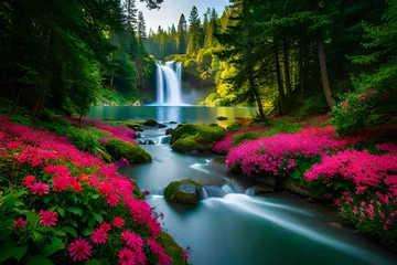 Poster waterfall in Plitvice national park with flowers in spring © Izhar
