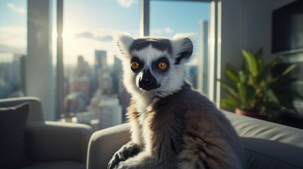 Lemur catta in a modern interior.