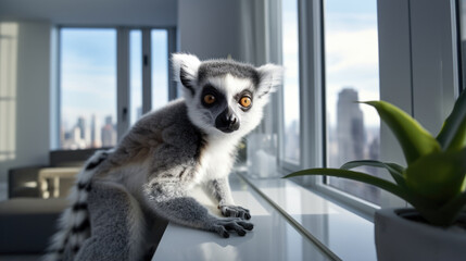 Portrait of a Lemur in an apartment, indoor.