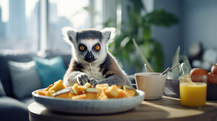 Ring-tailed lemur savoring citrus in a chic loft. - obrazy, fototapety, plakaty