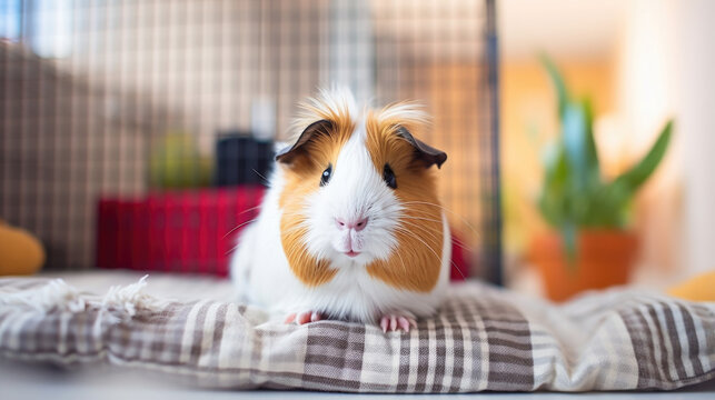 Guinea pig in modern apartment, loving pet care.