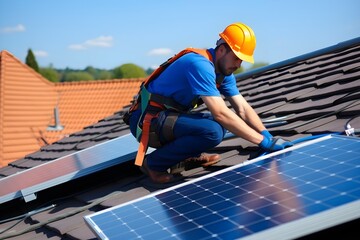 Solar power engineer installing solar panels on the roof. alternative renewable green energy generation concept. generative ai