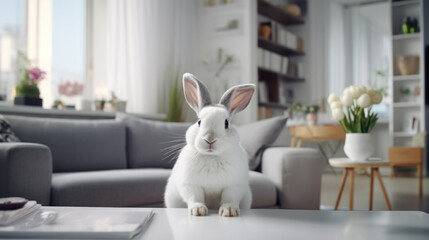 Adorable rabbit thrives in contemporary apartment, showcasing pet care and modern living