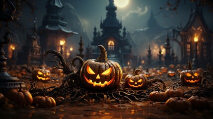scary smiling pumpkin on halloween background - obrazy, fototapety, plakaty