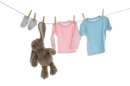 PNG line drying baby clothes isolated on white background.
