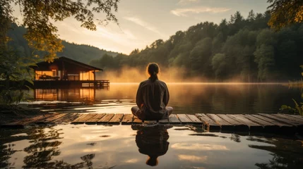 Foto op Canvas A person meditating sitting on a pier or rock on a lake. © Royal Ability