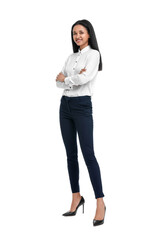 Portrait of beautiful secretary on white background