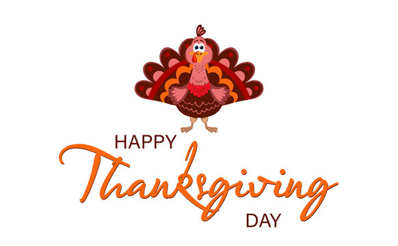 Thanksgiving day card design. Illustration of turkey and text on white background