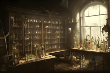 Alchemist lab. A strange and creepy cabinet of curiosities filled with lots of bottles and glass jars. CG Artwork Background. AI generated digital illustration