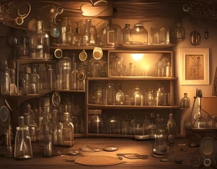Fotobehang Alchemist lab. A strange and creepy cabinet of curiosities filled with lots of bottles and glass jars. CG Artwork Background. AI generated digital illustration © Irina B