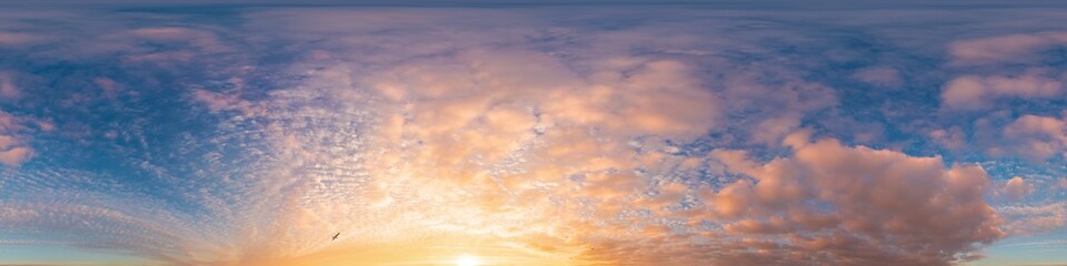 Obraz premium Sky panorama with bright glowing golden clouds. HDR 360 seamless spherical panorama. Full zenith or sky dome in 3D visualization, sky replacement for aerial drone panoramas. Weather and climate change