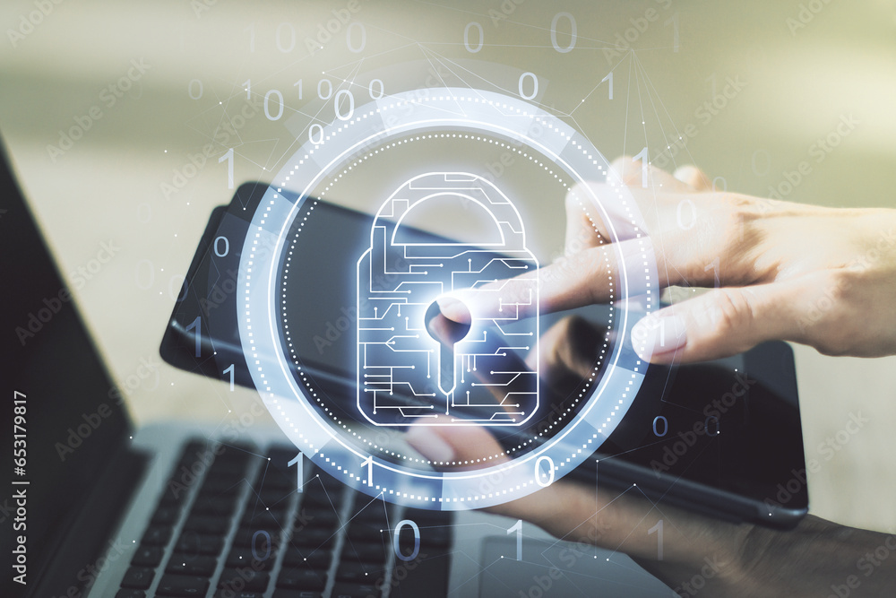 Aufkleber creative lock illustration with microcircuit and finger presses on a digital tablet on background, c