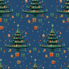 Seamless pattern with Christmas tree, presents, ornate stars, background, wrapping paper design