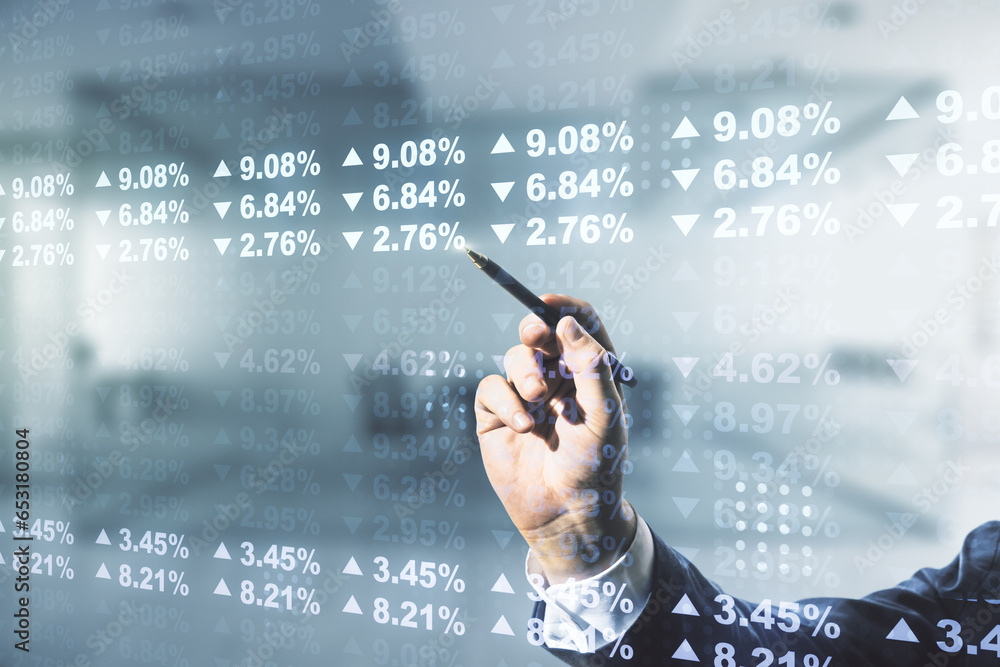 Poster Double exposure of male hand with pen working with abstract creative statistics data hologram on blurred office background, analytics and forecasting concept