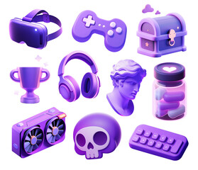 Gamer items 3D icons set isolated. Gaming gadgets icons elements - VR headset, gamepad, keyboard, graphics card, earphones