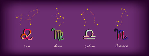 Set Zodiac signs, Colorful zodiacs, Icons for the design of Esoteric with Constellations, astrologic maps, calendars. Vector elements on Purple background. Leo Virgo Libra, Scorpio.
