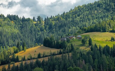 Old wooden houses on top of a mountain surrounded by green trees under a cloudy sky.