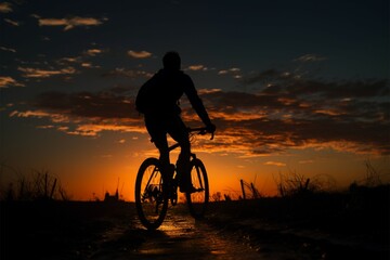 A man rides his bicycle as night descends, a peaceful journey