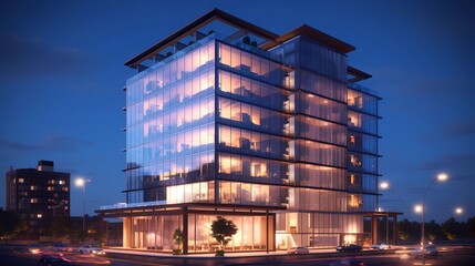 modern building with 10 floors at night, architecture visualization: office, shopping center with a garden on the top floor