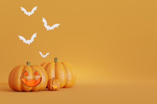 Halloween 3D rendering orange background with pumpkins, Jack o Lantern and Bats. Halloween background for product, showcase on pedestal display