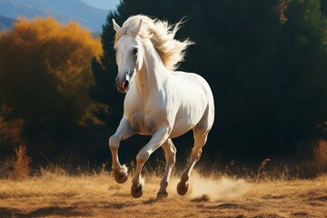Obraz na płótnie Canvas Majestic white coated horse galloping gracefully across the open terrain