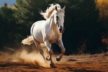 Majestic white coated horse galloping gracefully across the open terrain
