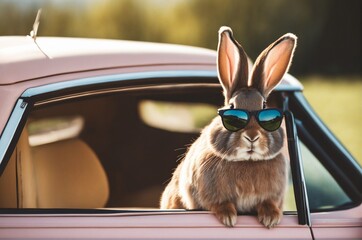 cool bunny with sunglasses looking out of a car