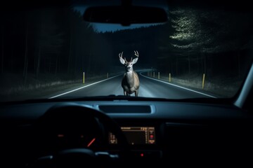 Deer night road. Automobile crash safety. Generate Ai - obrazy, fototapety, plakaty