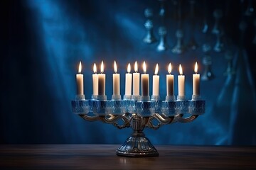 Lit candles at the Hanukkah festival of lights on a blue background.