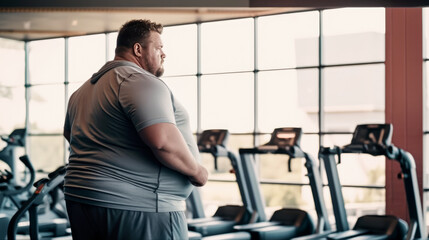 Fototapeta na wymiar A overweight man is exercising in the fitness room. Corpulent man starts his first day at the gym on the treadmills. copy space. Generative Ai